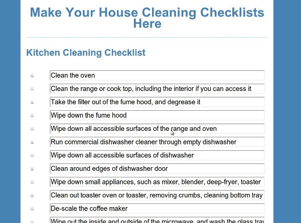 Cleaning Chart Checklist